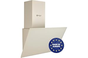 Wiggo Dunstabzugshaube 60cm kopffrei I Abluft Umluft Dunstabzug 300m³/h - LED Touch-Display 3 Stufen I Schräghaube inkl. Fettfilter & 2x Kohlefilter I Abzugshaube mit Glasfront creme