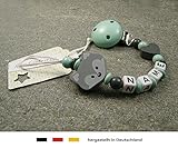 Baby SCHNULLERKETTE mit NAMEN | Schnullerhalter mit Wunschnamen – Mädchen & Jungen Motiv Fuchs und Herz in grau - 2