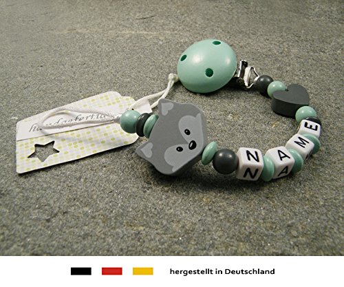 Baby SCHNULLERKETTE mit NAMEN | Schnullerhalter mit Wunschnamen – Mädchen & Jungen Motiv Fuchs und Herz in grau - 2