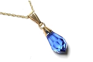PENINSULA JEWELLERY 9ct Gold Swarovski Elements Blue Crystal Pendant Necklace and chain