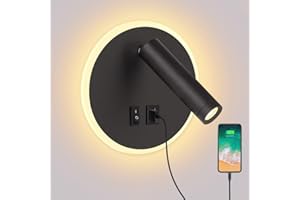 ERWEY Applique murale LED 8W Lampe de lecture de chevet Lampe de lit Fixation murale Spot réglable (3W 4000K + 5W 3000K) avec port de charge USB (rond, noir)