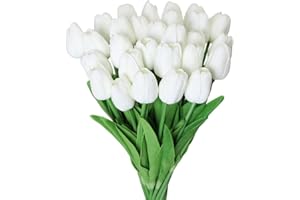 Kisflower 30Pcs Fiori artificiali di tulipani Tulipani finti Bouquet Real Touch Flowers for Decor (bianco)