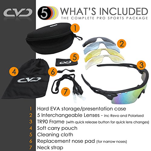 CVC Airwrap POLARISIERTE Fahrradbrillen Radfahren Sportbrillen Sonnenbrillen POLARISED Pro Sports Cycling Running Golf Sunglasses Set with 5 Interchangeable Lenses - 2