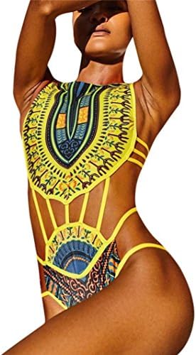 iNaCool Women African Print Bikini Set Vintage Folk Swimwear Push-Up Padded Bra Swimsuit Beach Suit Wear (S, Yellow)