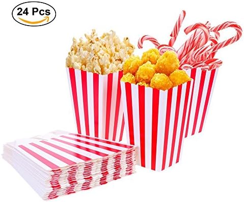 Jechery Pack of 24 Popcorn Boxes, Red and White Striped Paper Containers Bags for Parties, Kids, Gifts, Birthdays, Movies, Theaters
