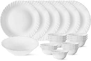 Larah by Borosil Plain White Silk Series Opalware Dinner Set | 19 Pieces for Family of 6 | Microwave & Dishwasher Safe | Bone