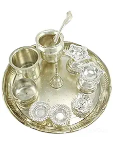 eKolhapuri Metal 1 Pooja Thali, 1 Bells, 1 Agardaan, 2 Diyas, 1 Haldi KumKum Set, 1 Panchamrut Set, 2 Katoris (Silver)