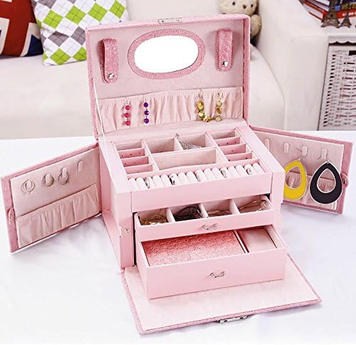 GZXCPC High Quality Luxurious Jewelery Box Jewelery Storage Made Of Leather And Wood, With 3 Drawers, Side Pockets, Independent Box, Snap Lock And Built-In Mirror, Many Colors , light pink