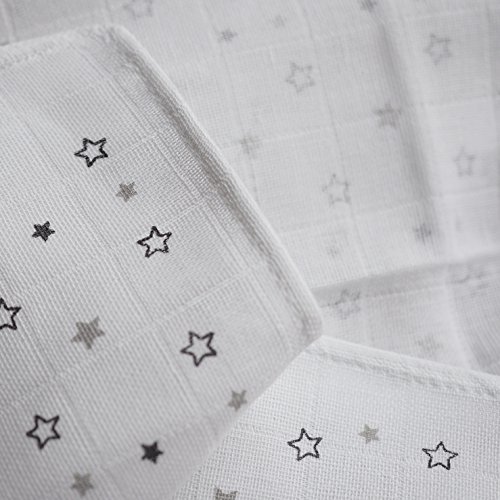 3 Stück – Mullwindeln / Spucktücher / Stoffwindeln, 70 x 70 cm – bedruckt – Sterne Grau, doppelt gewebt mit verstärkter Umrandung, maschinenwaschbar bis 60° C, Öko-Tex Standard 100 - 3