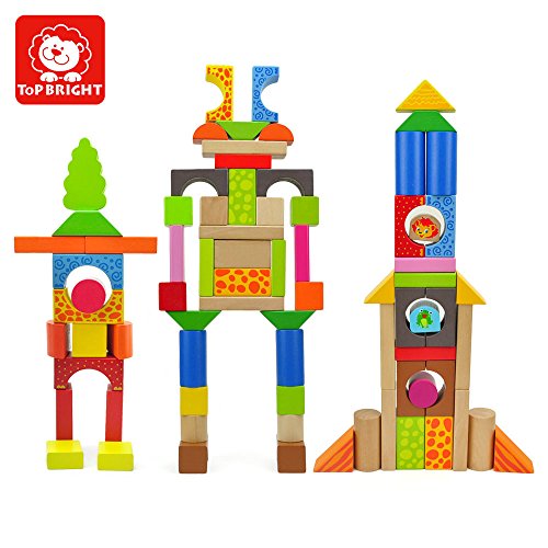 TOP BRIGHT Wooden Building Blocks Set - 100 Blocks Forest Adventure 13 Scene Puzzles Game