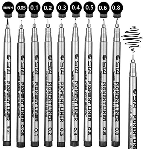GXR Rotuladores de Punta Fina, 9 Diferentes Grosores Negro Plumas de Línea Fina para Bullet Journal Sketching Dibujo Dibujo Oficina Documentos Cómic Manga Scrapbooking y Uso Escolar (0.05-0.8mm)