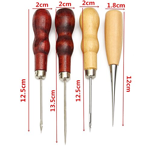 Leder Nähen Set,Drillpro 14 PCS Lederhandwerk Handnähen Kit Handgeräte Nähenset,Ahle Thread Fingerhut Gewachst für Handgemachte Lederwaren DIY Werkzeug Set Kit - 4