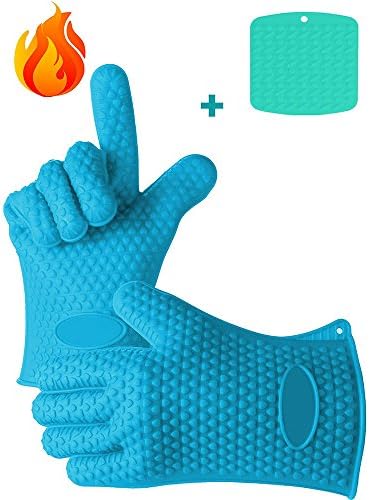 IEKA Heat Resistant Gloves,Set of 2 Silicone Gloves and Pot Holder Mat for Your Indoor and Outdoor Cooking Needs,Use as BBQ Meat Turner or Oven, Heat Resistant Up To 425 Degrees Fahrenheit (Blue)