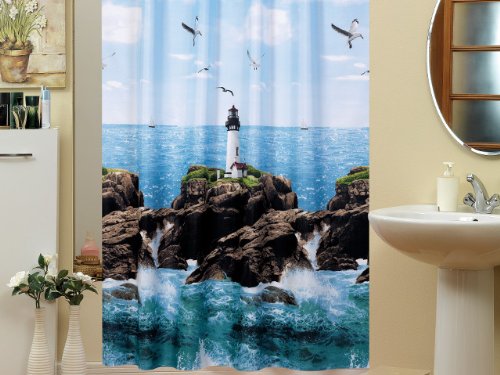 EDLER Textil Duschvorhang 240 x 200 cm „Leuchtturm am Meer“ Blau Weiss Grün inkl. Ringe - 2