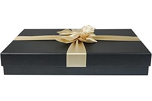 Emartbuy Scatola Regalo, 30,5 x 23 x 5 cm, Scatola Nera Con Coperchio e Nastro in Raso Beige Oro