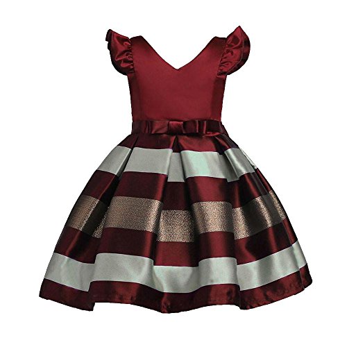 Preisvergleich Produktbild Mädchen Kleider Kinder Kleider Longra Kinder Kurzarm Streifen Kleid Kinderbekleidung Kindermode Mädchen Brautjungfern Kleider Hochzeit Party Prinzessin Kleid Partykleid (Wine, 120CM 5Jahre)