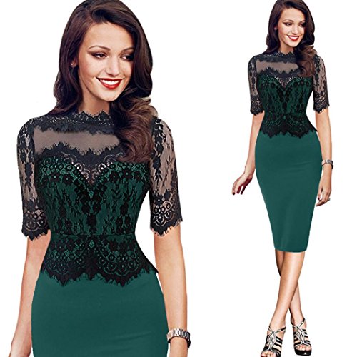 Preisvergleich Produktbild Cocktailkleid,DOLDOA Frauen O-Ausschnitt Spitze Spleißen Kurzarm Knielang Kleid Bleistiftkleid (EU:40, Grün,O-Ausschnitt Spitze Spleißen Bleistiftkleid)