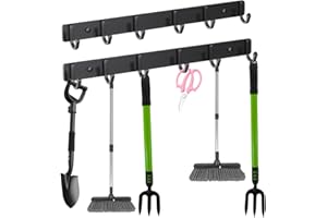 SHIIYYU 2Pack Heavy Duty Garden Tool Organiser Rack -39cm Wall Mount Garage Storage Rack with Heavy Duty Hooks,12 Hooks Gardening Tools Organizer Holder,Yard Tool Hangers for Shovels, Rakes, Hose