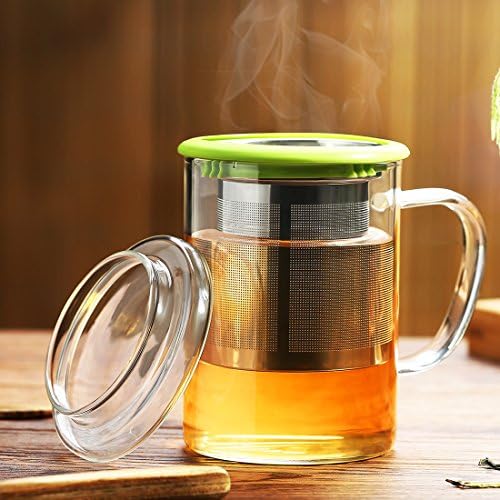 CENSUN Borosilicate Glass Travel Mug, Glass Brewing Tea Cup, Tea Infuser Mug, Home Office Heat Resistant Glass Water Bottle, Loose Leaf Flower Tea and Coffee Maker with Infuser Strainer&amp;Lid (Green)