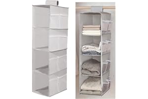 Wanfoou Organizador de Armario Colgante, con 4 Niveles y 12 Bolsillos, Estantería Colgante de Tela,Ahorro de Espacio y Plegable, Estante de Tela para Armario para Toallas, Ropa, Ropa Interior (Gris)