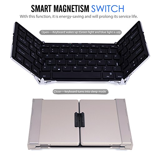 MoKo Universal Drahtlose Wireless Bluetooth 3.0 Tastatur Qwerty-Layout Keyboard mit eingebauter Lithium Batterie für Apple iPad Mini 4/iPad Pro/iPhone 6s,Tablet,PC,IOS,Android,Windows, Schwarz / Gold - 9
