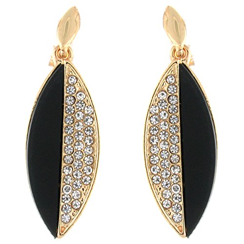 Clip On Earrings Store Gold and Clear Crystal Elongated Leaf Drop Clip on Earrings