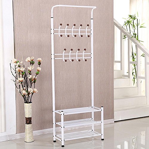 Monumart Height 187.5 CM Metal Entryway Coat Rack Hall Tree 18 hanger Hooks 3-Tier Shoe Rack Multifunctional Organizer (White)