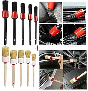 DirtBurn 10 Pcs Premium Car Detailing Brush multi purpose soft bristle set (5Pcs White with Wood Handle +5Pcs Black with Plastic Handle)