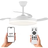 NARVI Ceiling fan with 3 transparent retractable blades, DC motor 30W, LED light 60W dimmable in intensity and color, with me