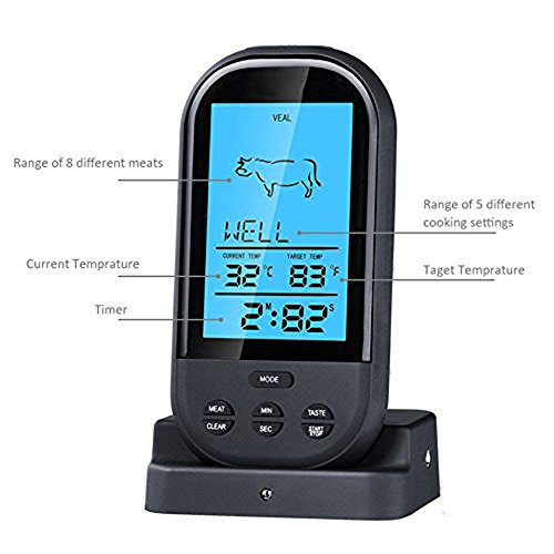 SIEGES Wireless Barbecue Thermometer Cadrim Bratenthermometer Digital BBQ Grill Thermometer Ofenthermometer mit großes Display & Funk-Empfänger Zeitmesser voreingestellten BBQ Temperaturen für das Kochen,Grill,Backofen,Fleisch ,Türke,Steak - 2