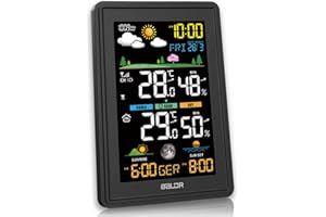 Konsen Wetterstation funk mit Außensensor Multifunktionale Funkwetterstation DCF Funkuhr Digital Thermometer Hygrometer mit Wettervorhersage, Schwarz