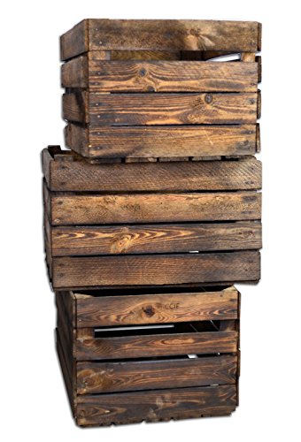 3 Set CHICCIE Vintage Holzkiste – Gebrannt – alte Obstkiste – Weinkiste – Natur Used Look (Gebrannt) - 2