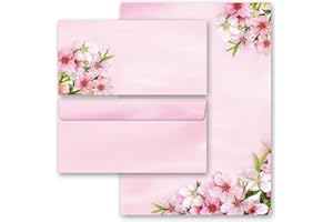 Paper-Media: 20 Componentes Completo FLORES DE MELOCOTÓN - Papel de Cartas + Sobres (Sin Ventanas) - 10 Hojas Estampadas + 10 Sobres Estampados DIN LONG - Rosa - Clásico