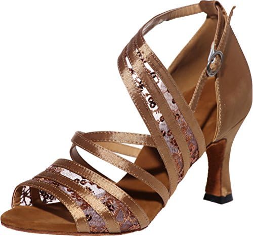CFP Ladies Comfort Beginner Latin Dance Shoes Tango Cha-Cha Swing Ballroom Party Wedding Practice Sudue Sole 3IN Body Straps Peep Toe Satin Brown UK Size5.5