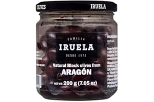 Iruela – Schwarze Aragón Oliven mit Stein – 365 g | Naturbelassen & ohne Flüssigkeit | Intensiver Geschmack & festes Fruchtfleisch | Abtropfgewicht 200 g | Feinkost aus traditioneller Herstellung