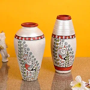 Aakriti Art Creations Hand-Painted Madhubani Terracotta White Table Pot Vases for Home Decor (Set of 2)