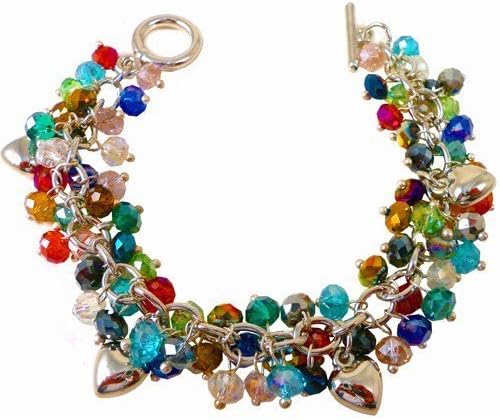 Rainbow Crystal Beads and Silver Heart Charm Bracelet