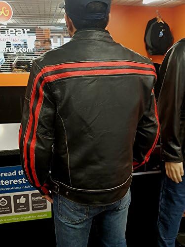 Bikers Gear Retro Black Cafe Racer The Bonnie 100% Bovine Leather Motorcycle Jacket CE1621-1 PU Armour - Red stripe 3XL
