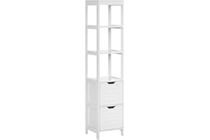 kleankin Armario Alto de Baño Multiusos Mueble Columna con 3 Estantes Abiertos y 2 Cajones de Almacenaje Diseño Antivuelco 30x30x144 cm Blanco