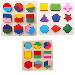 Grizzly Wooden Geometry Matching Puzzles Stacking Building Blocks Early Educational Toys (Set of 3 Boards)