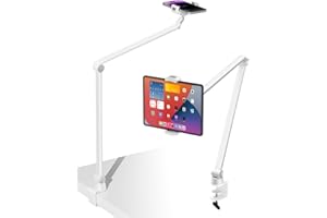 Viozon Overhead Phone Tablet Stand Holder Mount with Flexible Long Arm,3.5-13'' Devices, Height&Angle Adjustable, Heavy Duty, Bed Desk Mount Compatible with iPad iPhone for Vlog Photography, White