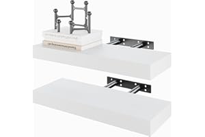 BAMEOS White Floating Shelves - Set of 2, Wall Mounted Wooden Shelves with Invisible Brackets, Hanging Decoration for Bedroom, Bathroom, Living Room, and Kitchen