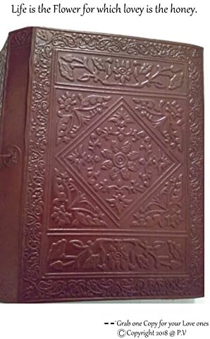 P.V  Leather Bound Blank Writing Journal Dairy Notebook Pages Antique Look Flower Of Life Design Travel Book with Blank Unlined Pages 10 Inch A5 Brass Lock Closure.