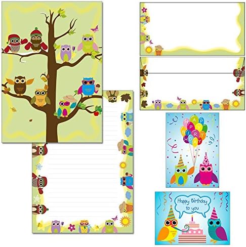 Owls Writing Set - Writing Pads incl. Owls envelopes and Owls Postcards Owl Four Seasons - 1 Writing Pad DIN A4 15 Envelopes DIN Long 2 Postcards-Block Set VJ