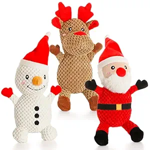 Senneny 3 Pack Dog Christmas Toys Santa,Reindeer and Snowman, Stuffed Squeaky Toys for Dogs Puppy, Plush Dog Toy for Large Medium Small Dogs, Interactive Durable Dog Chew Toys