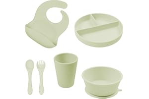 Dadamuma 6 Piece Silicone Baby Feeding Set | weaning Set |Sage | Suction Plate, Suction Bowl, Cup, Bib, Fork & Spoon | BPA Free | LFGB Approved | Microwave & Dishwasher Safe