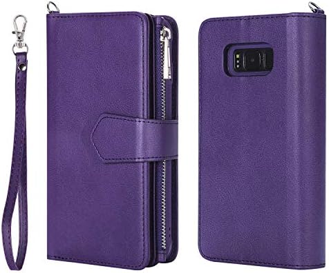 Case for Samsung Galaxy S8 Wallet Case, WIWJ 2 in 1 Zipper lanyard Leather Purse With Card Holder, Photo Frame and Detachable Magnetic Hard Back Cover for Samsung Galaxy S8 - Purple + 1* Stylus Pen