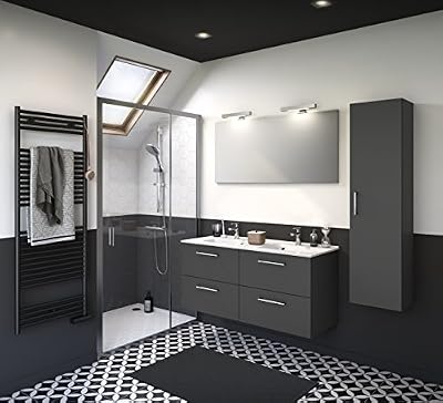Experts du bain, Meuble de rangement salle de bain à tiroirs, gris foncé, double vasque 120 cm avec miroir et éclairage