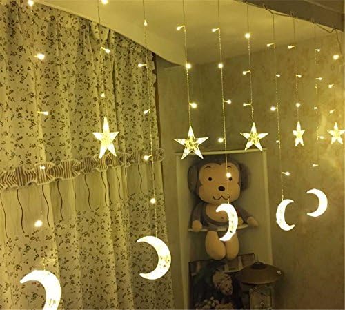 dulcecasa 2.3 m x 0.6 – 0.9 m Garlands Star Moon 138 Light Bulbs LED Lamp Decorative Waterproof Party Christmas Wedding Decoration Tree Curtain Bright Fairy Light Home Party B Blanco Caliente
