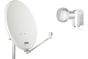 OPTICUM QA60 Satellitenschüssel 60 cm lichtgrau mit Twin LNB LTP 04H - 4K HD & 3D fähig - Witterungsbeständige Sat-Antenne aus Stahl inkl. 2 Mastschellen - Sat Anlage für 2 Teilnehmer